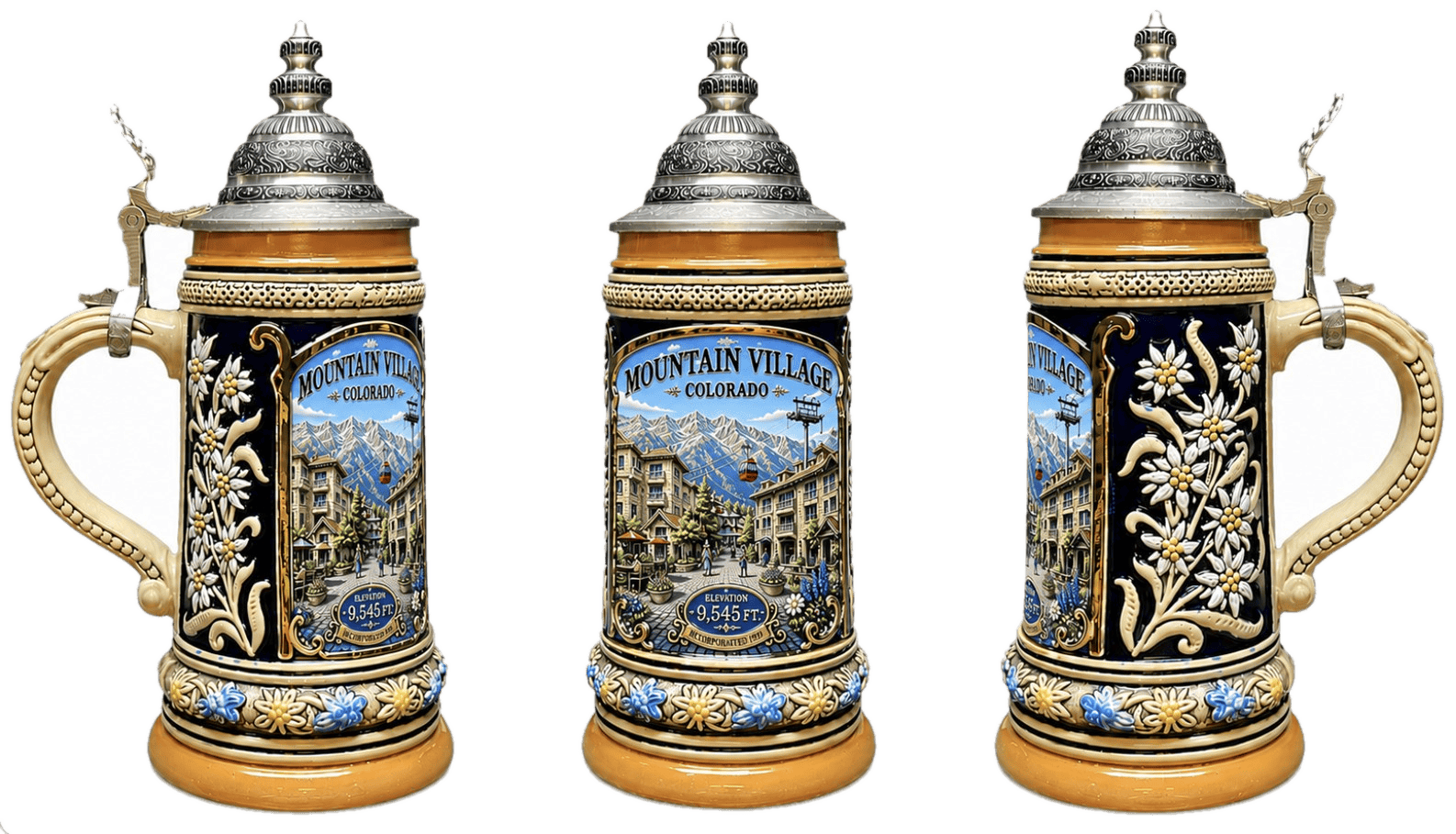 The 2026 Mountain Village Oktoberfest commemorative stein shown from three angles, with a hand-painted Village Core scene, pewter lid, and edelweiss relief detailing