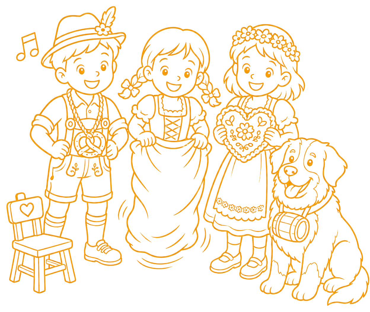Illustration of children in Bavarian dress with a Bernese Mountain Dog, enjoying a sack race and gingerbread cookie