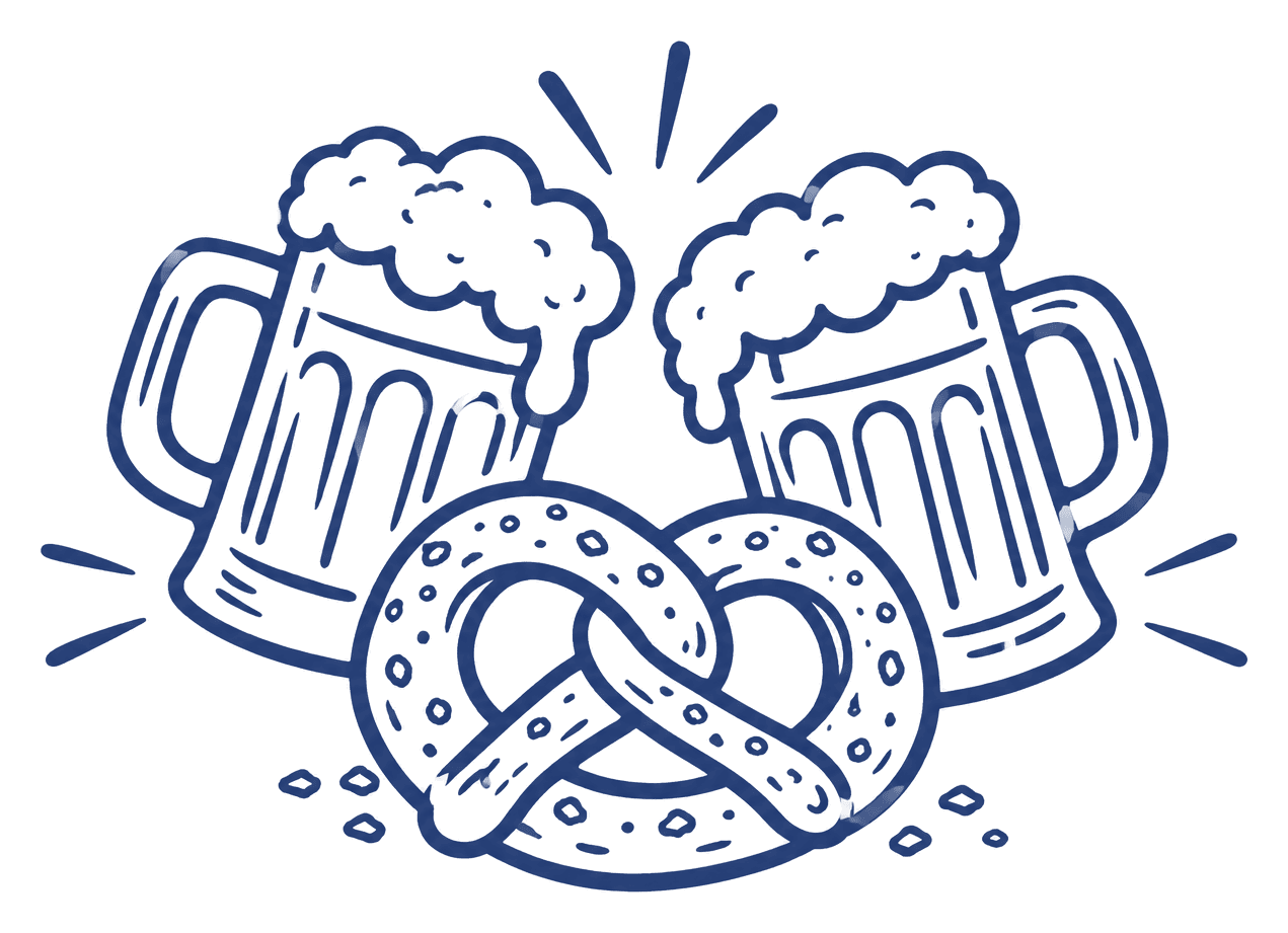 Illustration of two foaming beer mugs clinking behind a soft pretzel