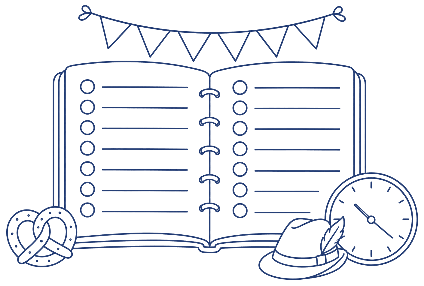Illustration of an open event planner with a bunting banner, pretzel, Tyrolean hat, and clock